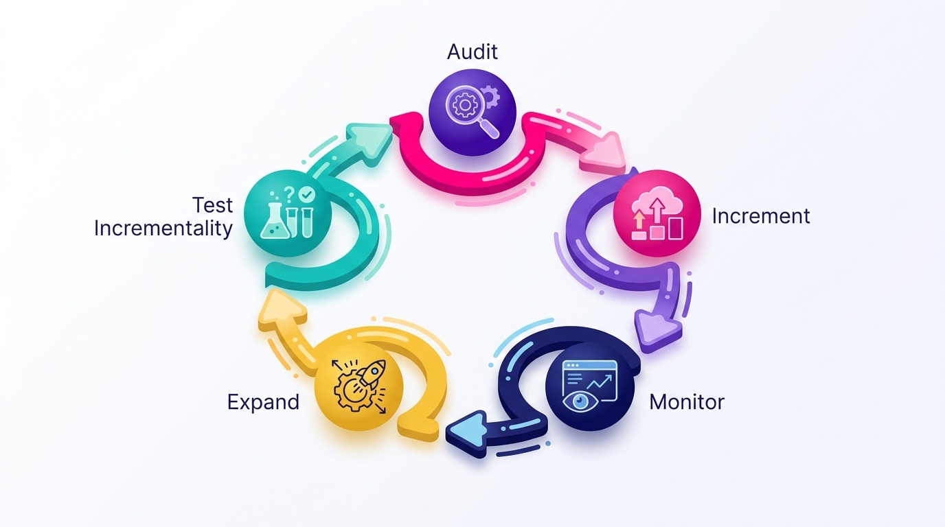 Circular framework diagram showing the five-step scaling cycle: Audit, Increment, Monitor, Expand, Test Incrementality, with arrows looping back to Audit