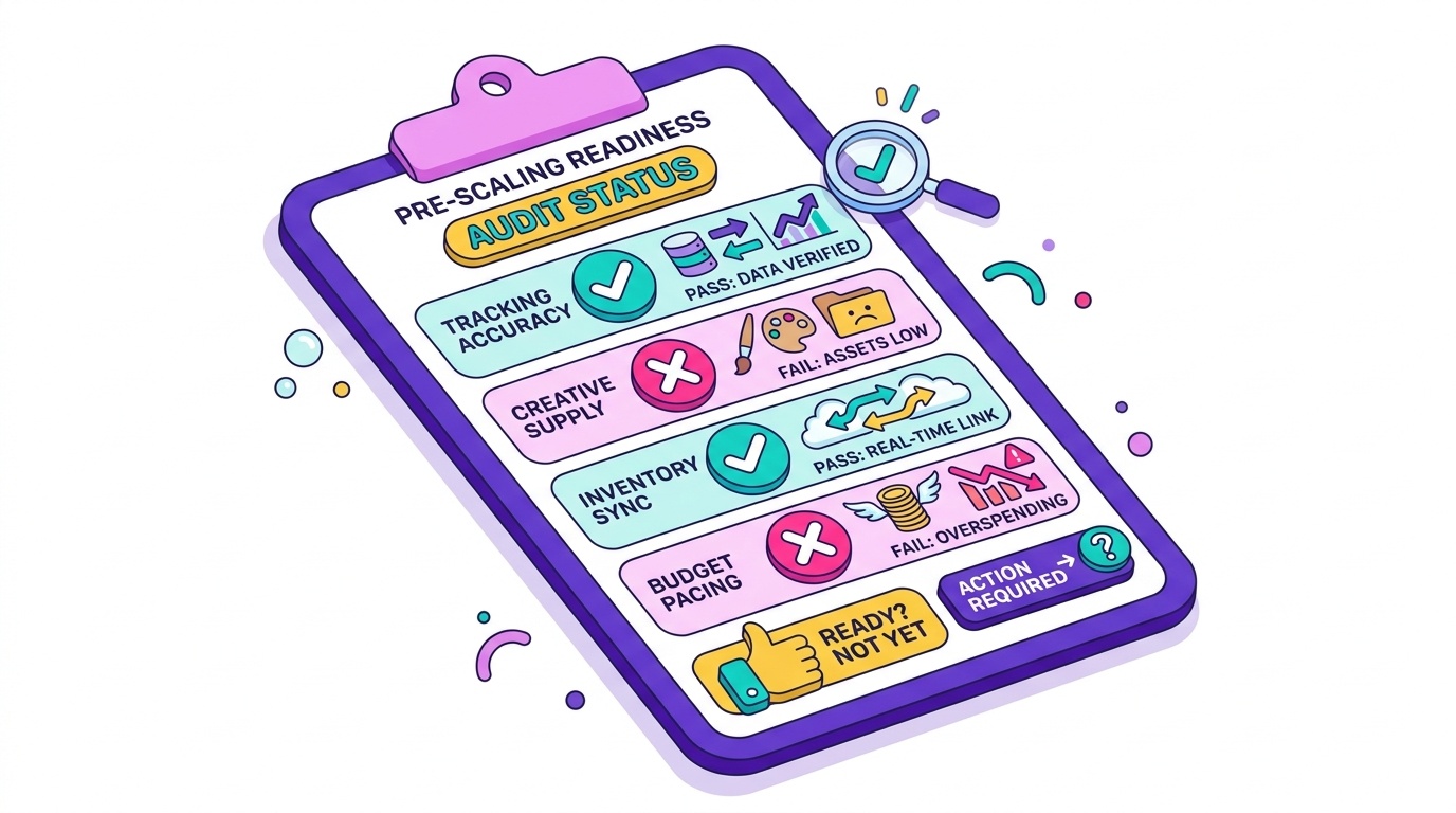 Checklist graphic showing pre-scaling readiness criteria: tracking accuracy, creative supply, inventory sync, and budget pacing, styled as a pass/fail audit sheet