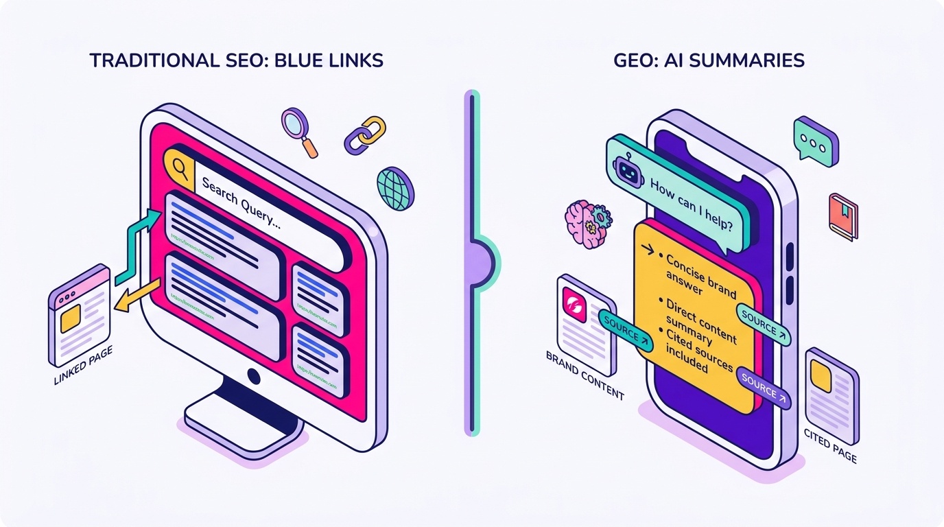 Split-screen diagram contrasting traditional SEO (search engine ranking a page in a list of blue links) on the left with GEO (an AI assistant citing and summarizing a brand's content directly inside a conversational answer) on the right
