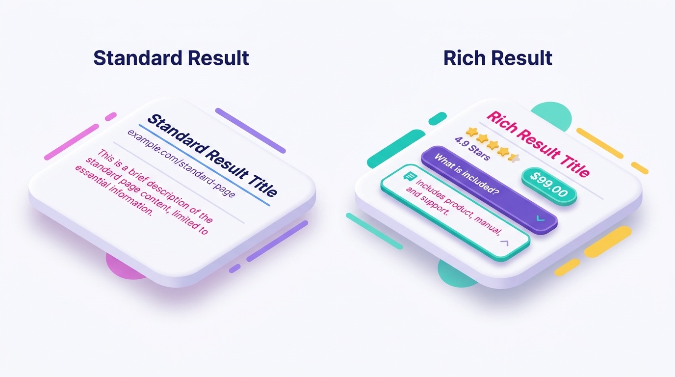 Side-by-side SERP mockup comparing a standard blue-link search result with only title, URL, and meta description against a rich result showing star rating, price, and an FAQ dropdown accordion beneath the title
